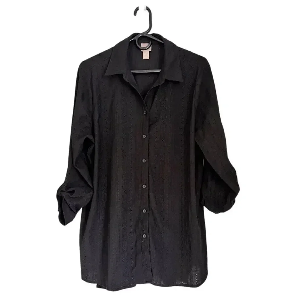 Chico's Black Collared Button‎ Up Embroidered detail Size 2